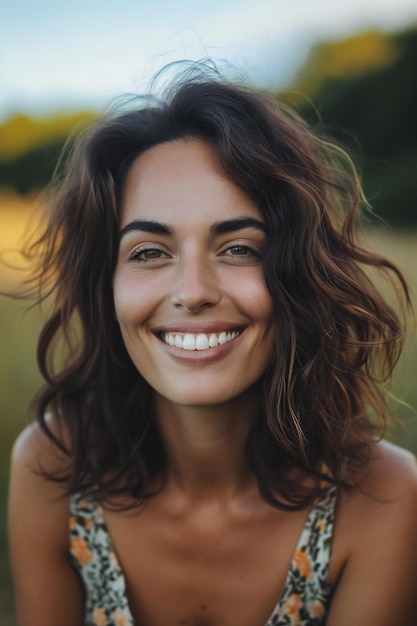 Close up portrait of a beautiful young woman with curly hair smiling outdoors