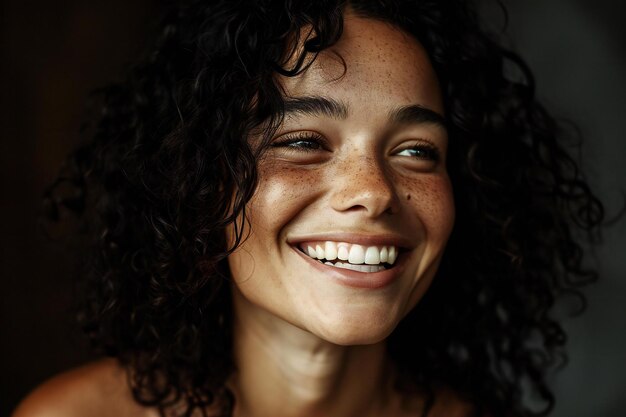 Close up portrait of a beautiful young woman with curly hair smiling