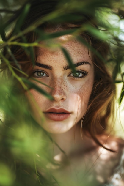 Close up portrait of beautiful young woman with green eyes looking at camera