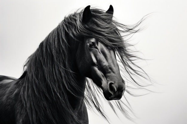 Close up portrait of a black horse with a long mane in black and white