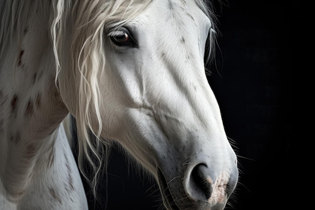 Close up portrait of a black and white horse