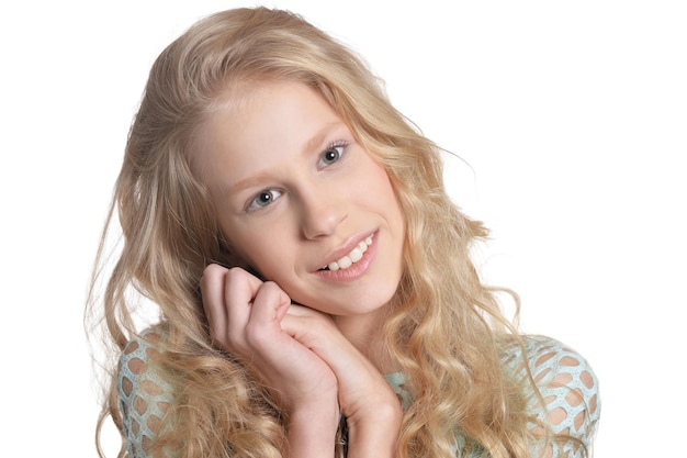 Close up portrait of blonde girl on white background