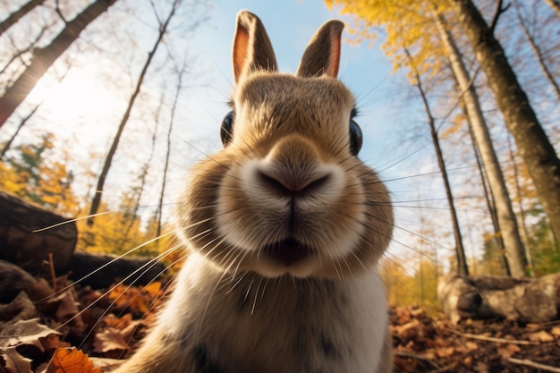 Close up portrait of a brown rabbit in the forest made with fisheye lens