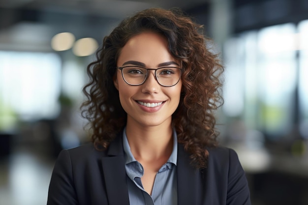 A close up portrait of a confident businesswoman in a modern office setting Generative AI