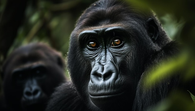 Close up portrait of a cute black gorilla staring with authority generated by artificial intelligence