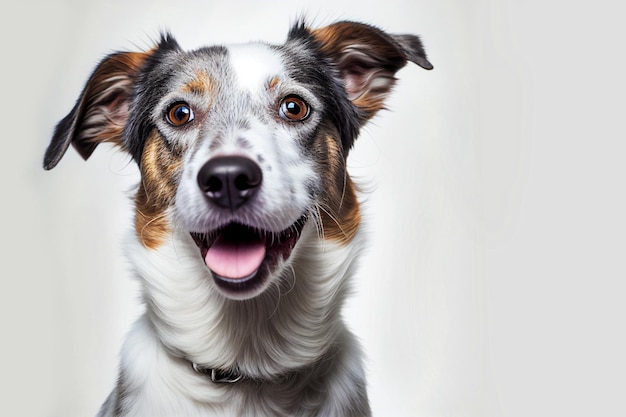 Close up portrait cute funny gray black brown dog smiling on isolated white background.