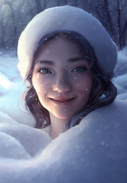 Close up portrait Cute girl in winter Christmas style Happy Smiling Winter Goddess of Inspiration appearing from a frozen splash icy cinematic lighting digital art illustration in 3d style