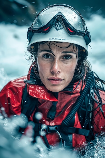 Close up Portrait of Determined Female Diver in Wetsuit and Diving Mask Against Vivid Blue Water