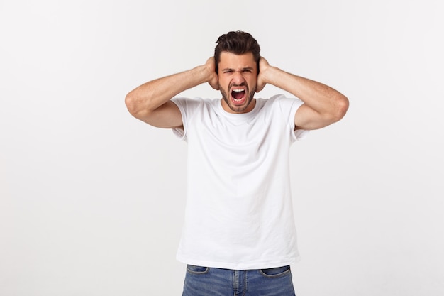 Close up portrait of disappointed stressed bearded young man in shirt over  