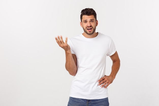 Close up portrait of disappointed stressed bearded young man in shirt over  