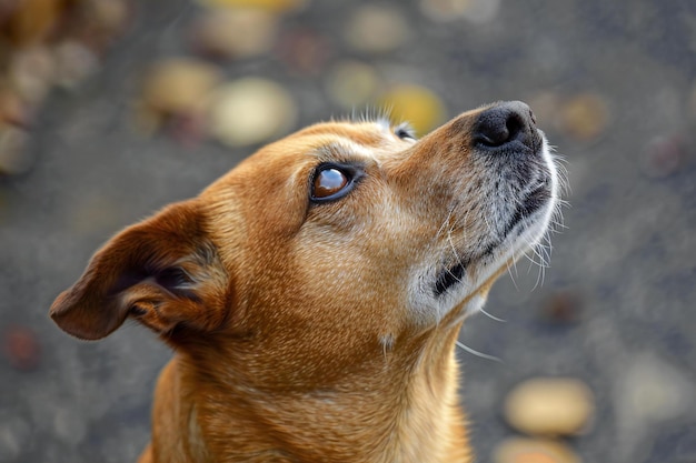 Close up portrait of a dog looking at the camera in autumn park