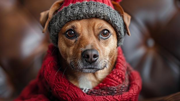 Close up portrait of dog wearing red knit hat and scarf during winter