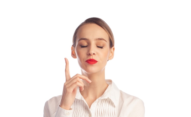 Close up portrait of elegant business woman with idea gesture, insight concept, isolated on white background