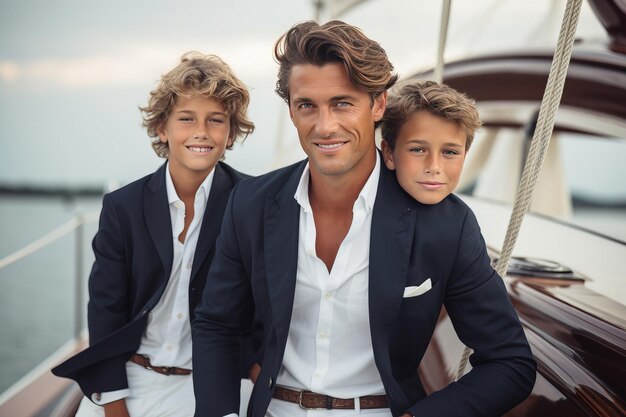 Close up portrait of elegant father with sons sailing Generative AI