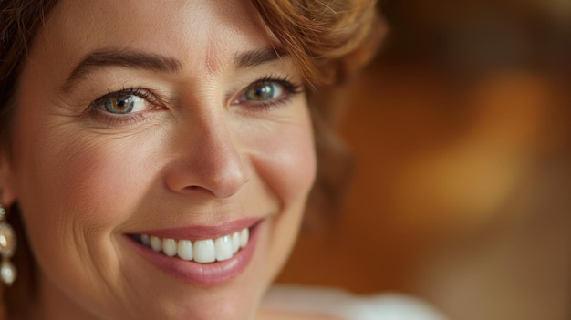 Photo close up portrait of elegant senior mature woman with beautiful eyes in rich house in her 50th slightly smiling at camera