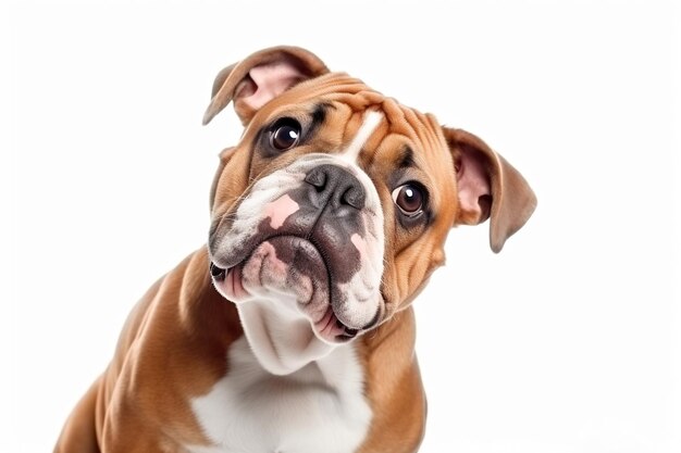 Close up portrait of English bulldog with surprised face on white background Copy space for text