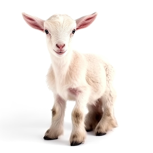 Close up portrait of an expressive baby goat with innocent eyes against a white background Generative AI