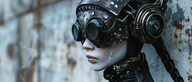 A close up portrait of a female cyborg with steampunk goggles