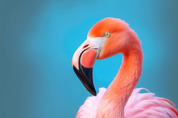 Close up portrait of flamingo bird on pastel colored background Generative AI