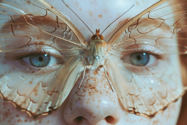 Close Up Portrait of a Freckled Woman with Butterfly Wings Across Her Eyes Surreal and Dreamlike