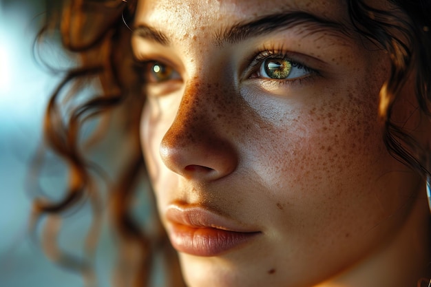 Close up portrait of a gorgeous green eyed young freckled brunette woman with curly hair