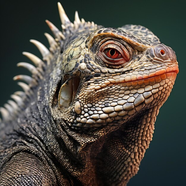 Close up portrait of a green iguana isolated on dark background