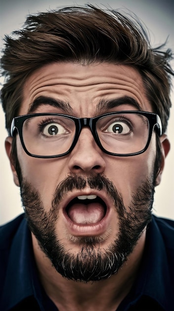 Close up portrait of handsome astonished man with thick stubble stares through spectacles in bewil