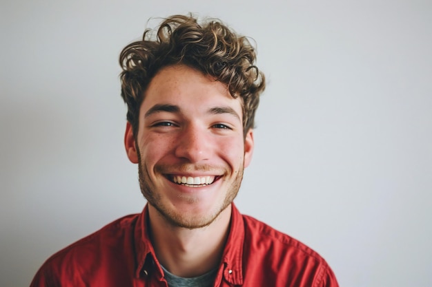 Close up portrait of a handsome young man with curly hair smiling