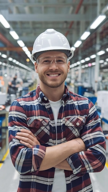 Close Up Portrait of Happy Caucasian Male Engineer Wearing a White Hard Hat While Standing at Elec