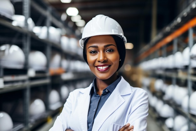 Close Up Portrait of a Happy and Smiling Middle Aged African Female Engineer in White Hard Hat Stand