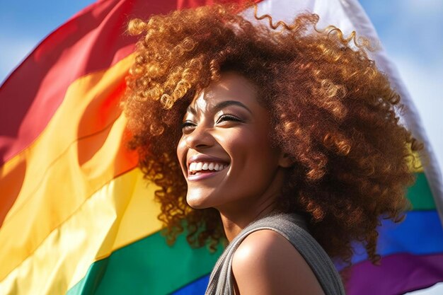 Close up portrait of a happy young african american woman with rainbow flag