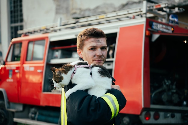 Close-up portrait of heroic fireman in protective suit and red helmet holds saved cat in his arms. Firefighter in fire fighting operation. High quality photo