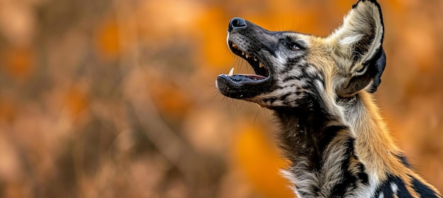 Photo close up portrait of a howling wild dog with space for text ideal for wildlife and nature concepts