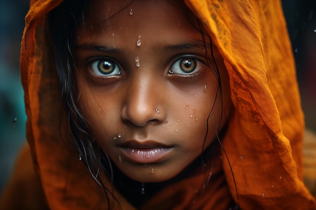 Close up portrait of an indian girl with her scarf living in the slums of Mumbai