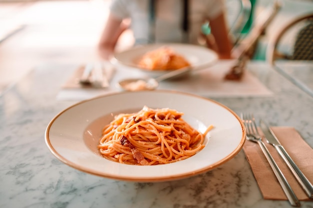 Close up portrait of italian cuisine spaghetti bolognese