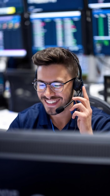 Photo close up portrait of a joyful technical customer support specialist talking on a headset while work