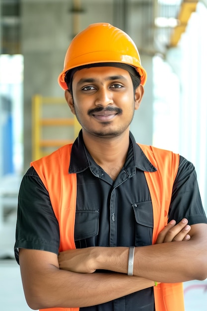 Close up portrait male engineer wearing a protective helmet and looking at camera ai generative