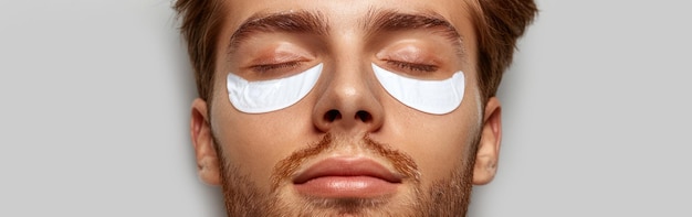 Close up portrait of a man with two white patches over his eyes showcasing his nice attractive beard