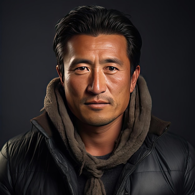 Close up portrait of mature Asian man in 40s looking at camera serious unhappy expression