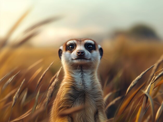 Photo close up portrait of meerkat suricate african mongoose in grassland habitat