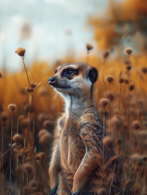 Photo close up portrait of meerkat suricate african mongoose in grassland habitat