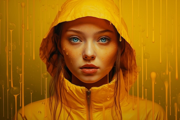 Close up portrait of model girl with blue eyes and artistic yellow effect rainy effect and wearing