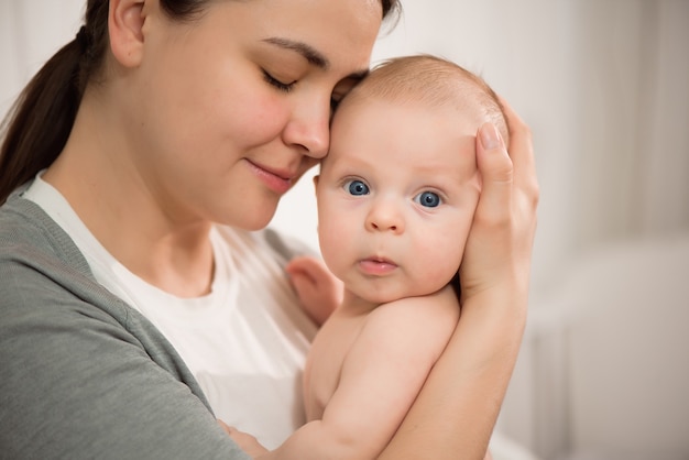 Close up portrait of mother and her newborn baby.