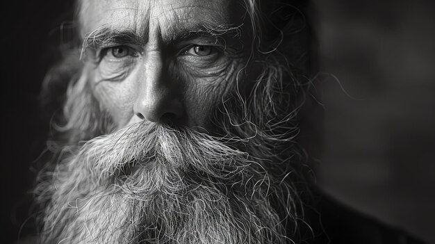 Close up portrait of an old man with a long white beard and mustache He has a weathered face and a faraway look in his eyes