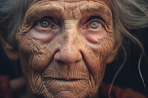 Close up portrait of an old woman with a sad expression on her face