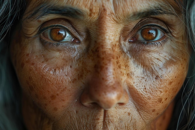 Close up portrait of an old woman with wrinkles skin pores and fine lines her skin is dry and she