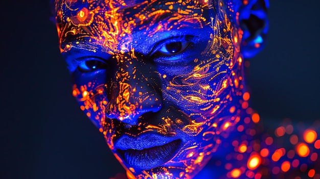 A close up portrait of a person with glowing orange and blue paint on their face and body