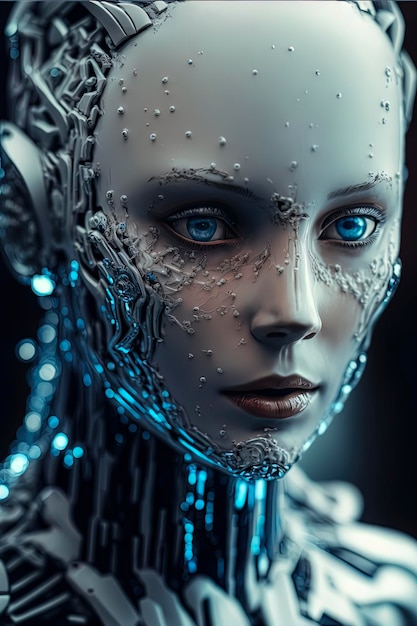 Close up portrait photo of incomplete humanoid android covered in white porcelain skin blue eyes Generative AI