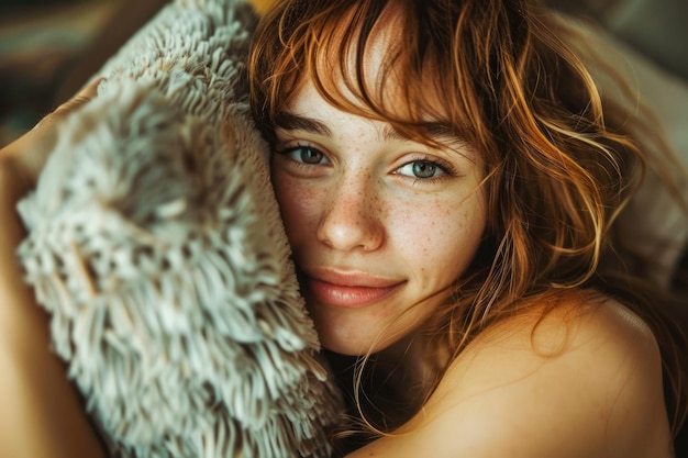 Close up Portrait of a Radiant Young Woman with Freckles Embracing a Soft Pillow in Cozy Bedroom