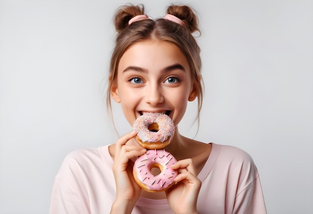 Close up portrait of a satisfied pretty girl eating donuts isolated over white background